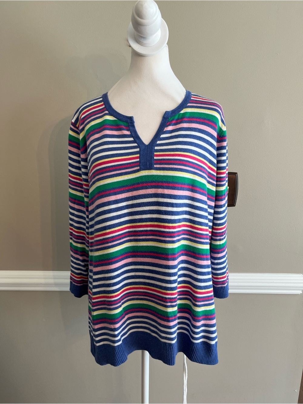 Talbots Navy Multicolor Striped 100 percent cotton lightweight sweater